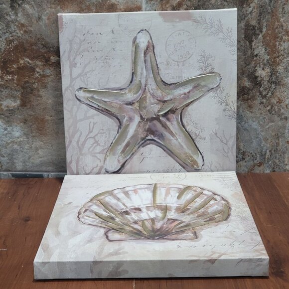 Starfish Scallop Shell Painting Canvas Hanging Wall Art Sea life Beach Decor - Picture 1 of 12